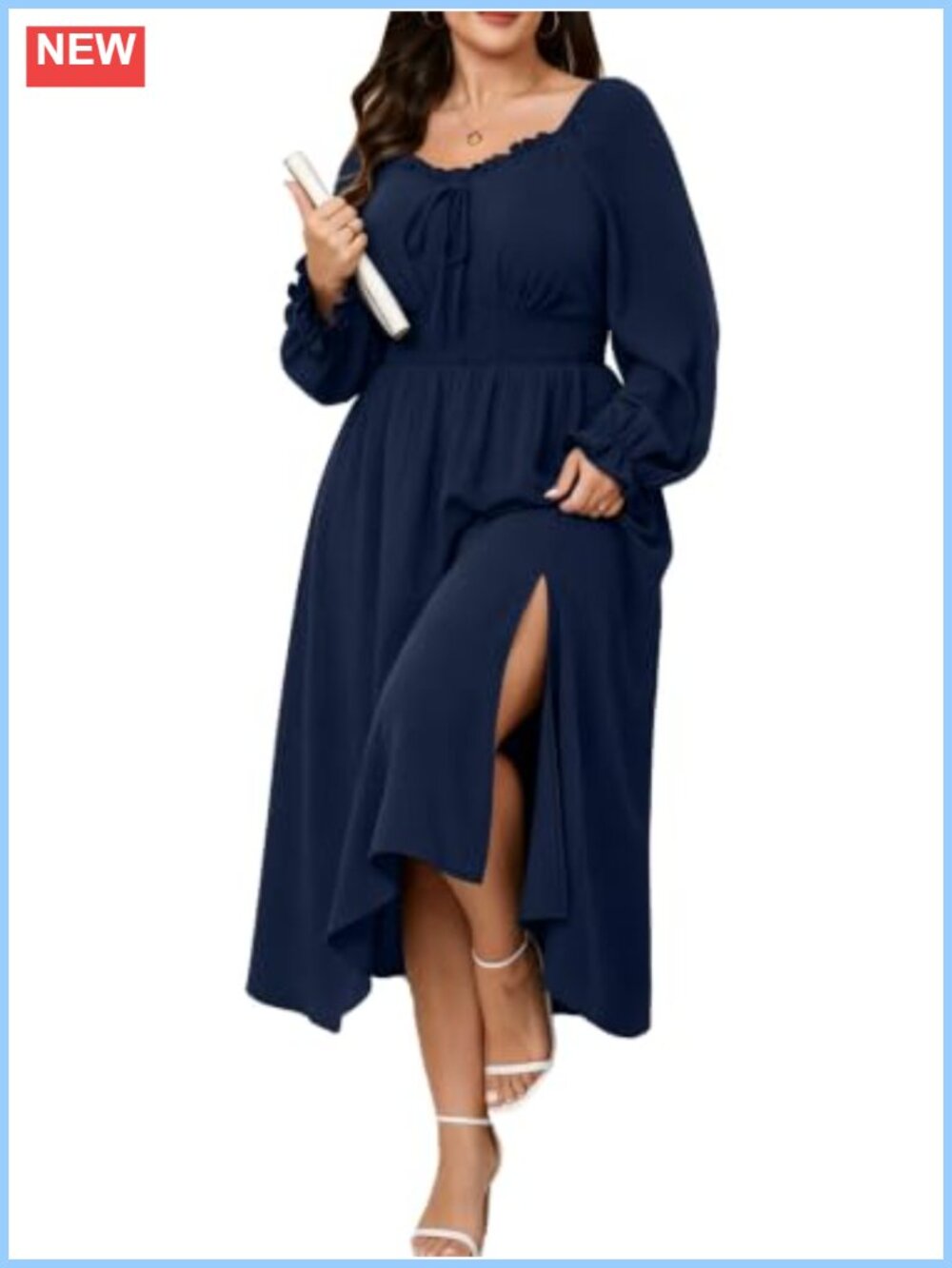Plus Size Long Sleeve Maxi Dress Smocked Empire Waist Square Neck